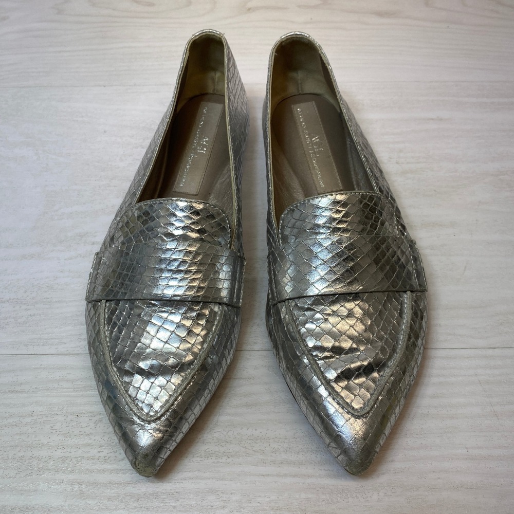 AGL Womens 6.5 36.5 Loafers Pointed Toe Silver Metallic Snakeskin Leather Flat